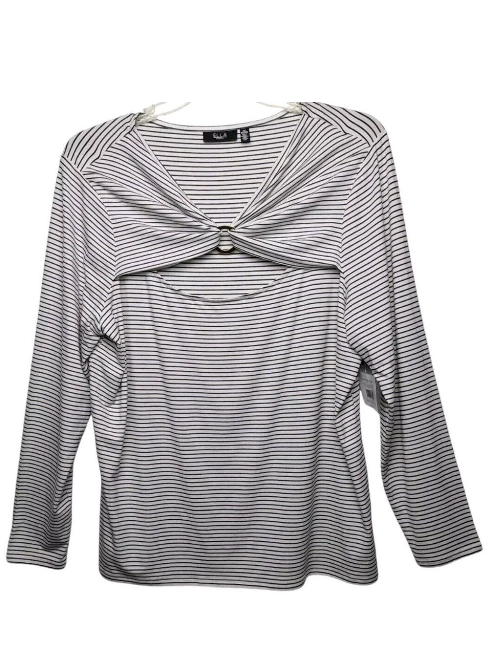 Ella Black & White Striped Long-Sleeve Twist Front Scoop Neck Top